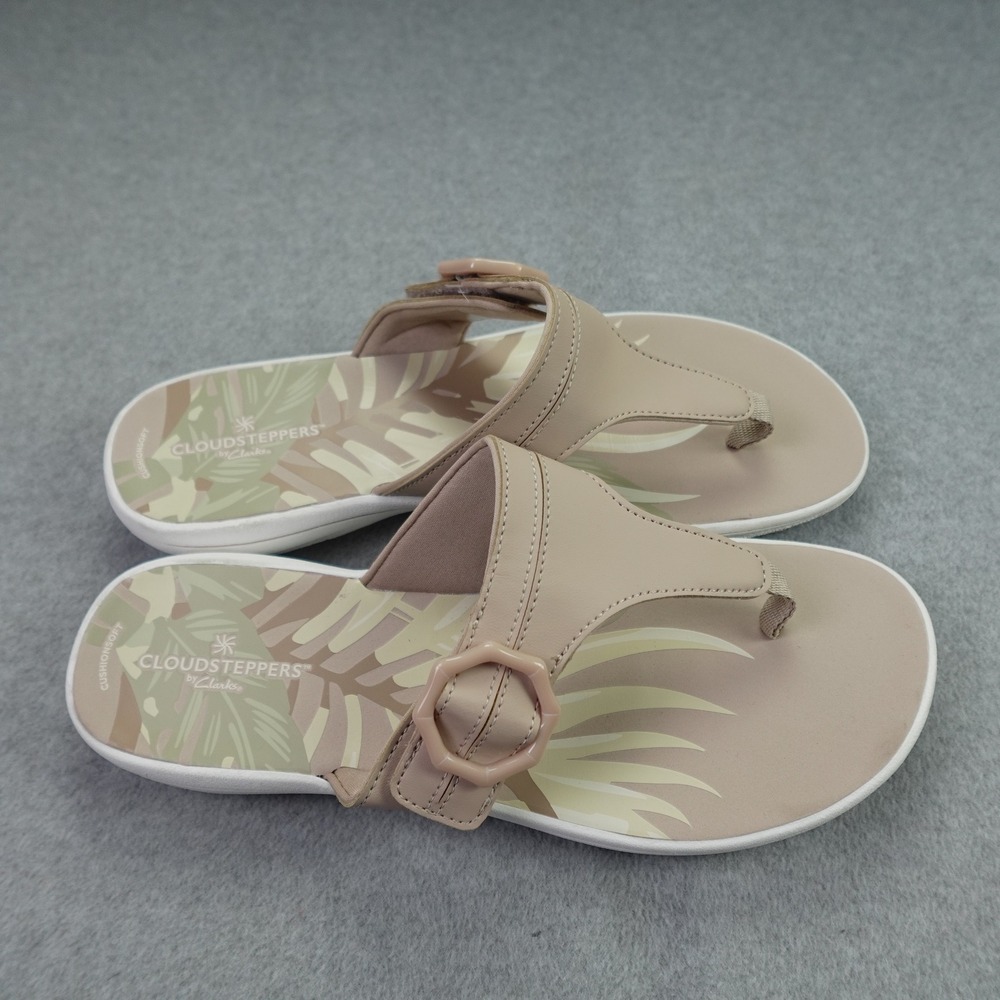 Clarks Sandals Womens 11 Tan Tropical Leaf Cloudsteppers Arla Glison Flip Flop